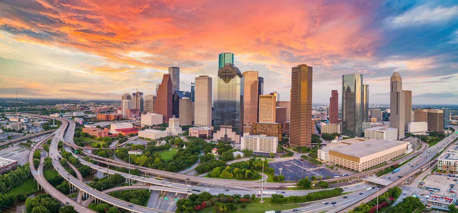 Aerial photo of the Houston skyline.